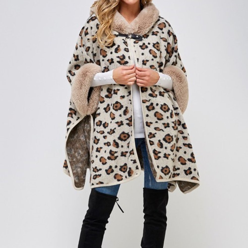 Faux Fur Animal Print Poncho